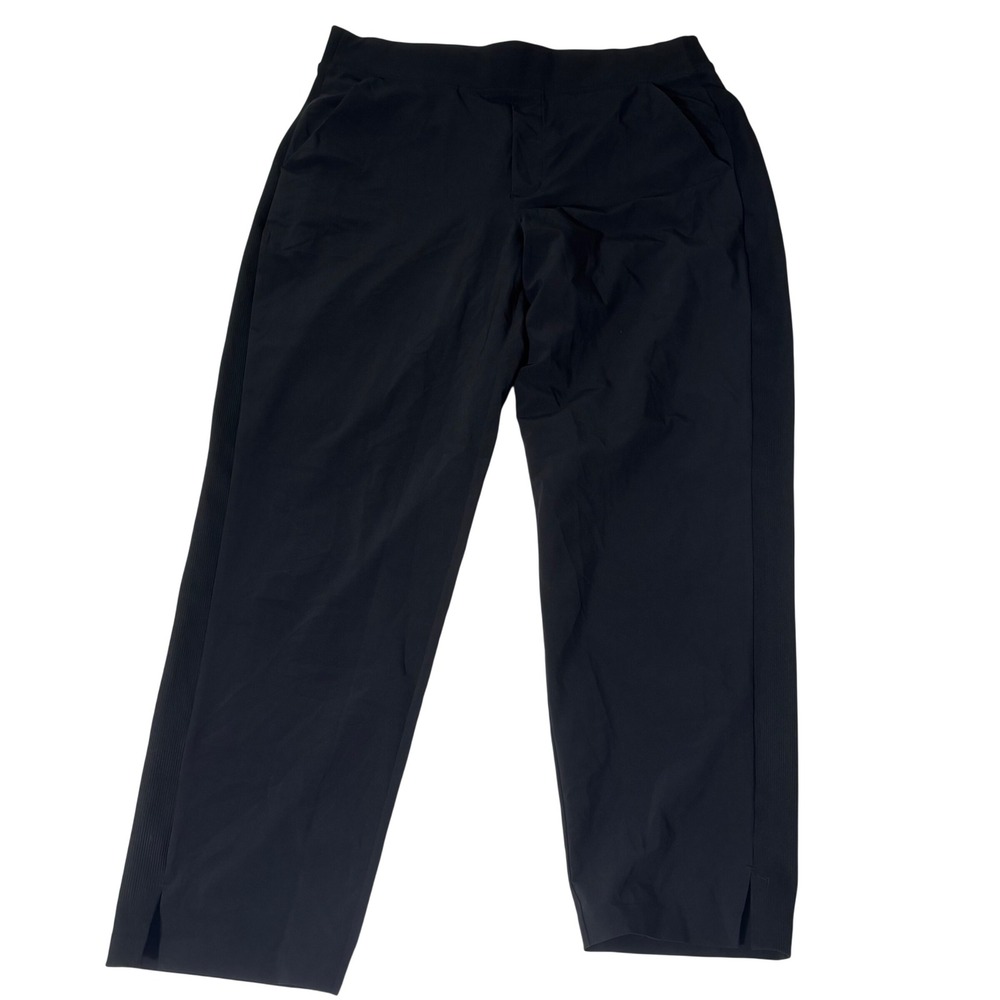 Athleta Brooklyn Ankle Pants Black Size 12 Ribbed Waist Travel Trousers Slit Hem